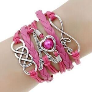 Pink Vegan Leather Multi Layer Love Eiffel Tower Infinity Bracelet Women